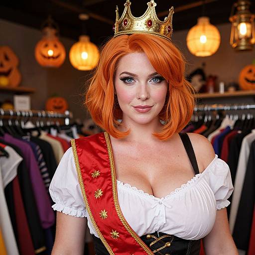 Photograph of a fair-skinned woman with red hair, wearing a gold crown, white off-shoulder blouse, red and black corset,
