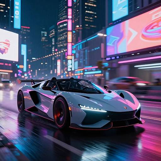 Photorealistic CGI of a sleek, white, high-performance sports car with neon lights, driving through a vibrant, neon-lit, rainy cityscape