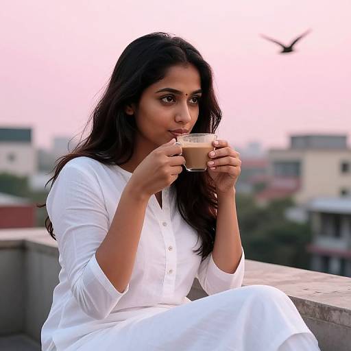 Photograph of a young Indian woman with long black hair, wearing a white long-sleeve kurta, sipping a latte on a rooftop