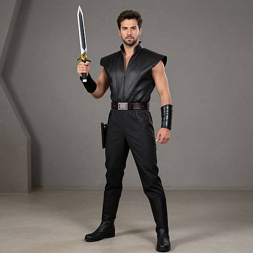 Photograph of a muscular, bearded man in black sleeveless vest and pants, holding a glowing sword, standing in a gray studio.