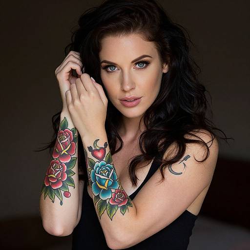 Photograph of a pale-skinned woman with long black hair, blue eyes, and colorful floral and heart tattoos on her forearms, wearing a black