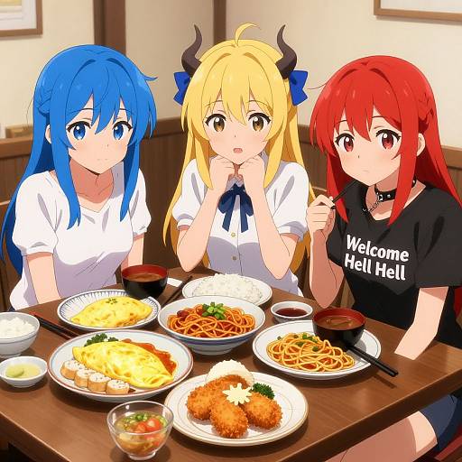 Anime-style digital drawing of three girls with blue, blonde, and red hair, eating at a table with various dishes, wearing 