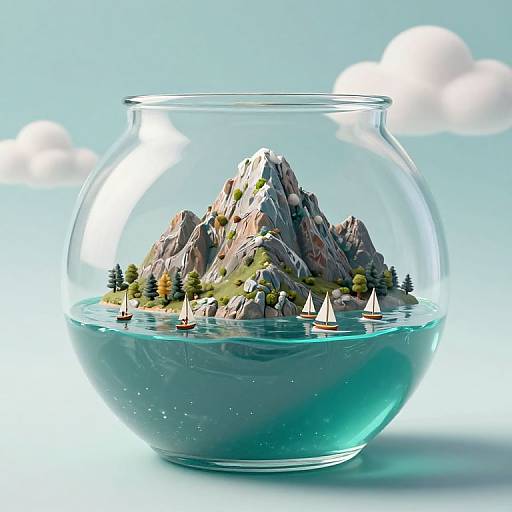 Photorealistic CGI of a glass bowl containing a miniature mountain landscape with pine trees, sailboats, and a clear blue water surface, set against a