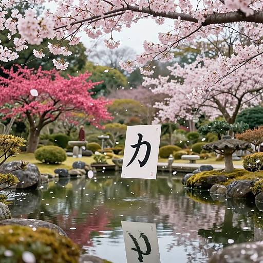 Photograph of a serene Japanese garden with a reflecting pond, pink cherry blossoms, and a prominent black Japanese kanji character.