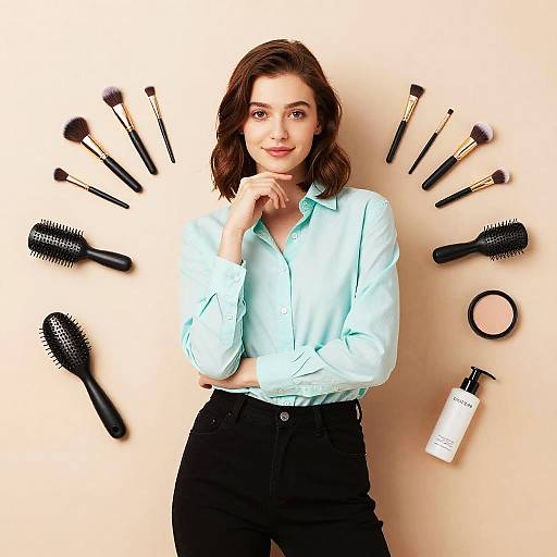 Photograph of a smiling woman with shoulder-length brown hair, wearing a light blue shirt and black pants, standing against a beige wall with various makeup brushes