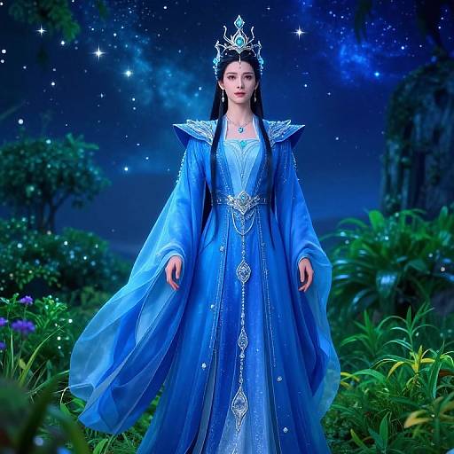 Digital artwork of a fair-skinned woman with long black hair, wearing a blue, glittering, medieval-style dress and crown, standing in a star