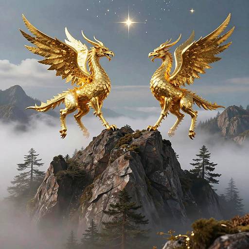 Gilded Gryphons Dancing on Misty Peak