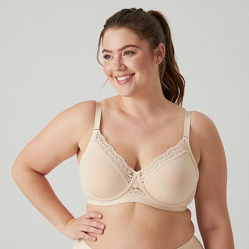 Smiling Woman in Beige Lace Bra