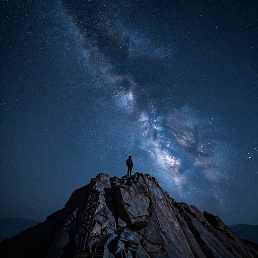 Solitary Figure Under Milky Way on Rugged Peak