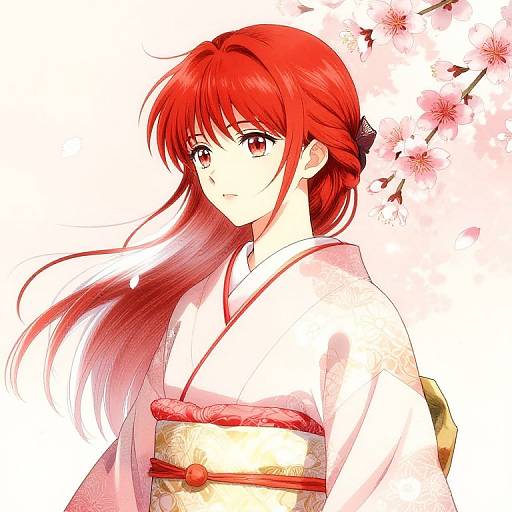 Anime Girl in Kimono with Cherry Blossoms