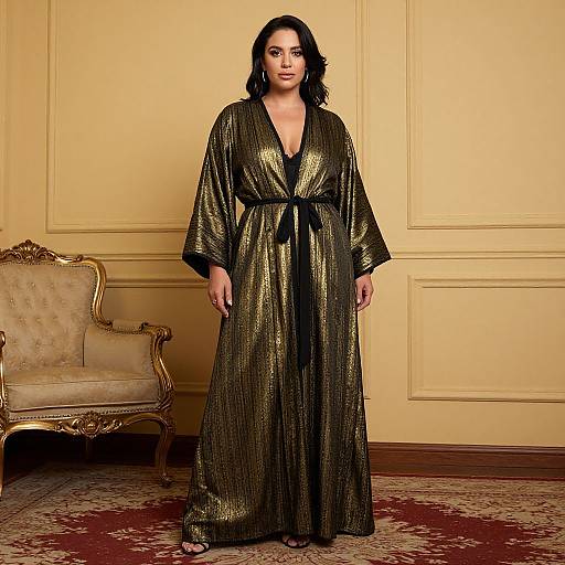 Photograph of a dark-haired woman in a shimmering black robe standing in an elegant, cream-colored room with ornate furniture.
