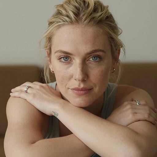 Portrait of Blonde Woman with Blue Eyes and Tattoo