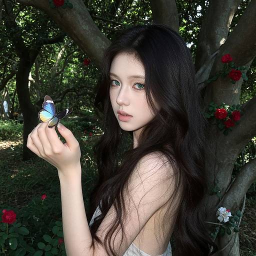 Photograph of a young, fair-skinned woman with long, dark brown hair holding a blue butterfly in a lush, green forest with red and white