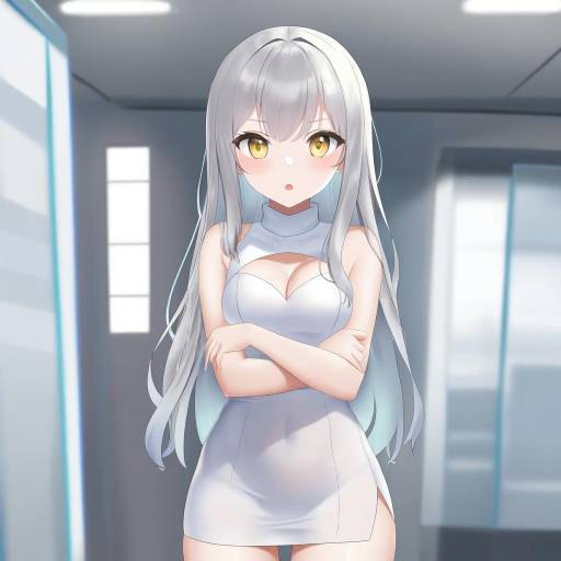 Anime Girl with Grey Hair in Office Setting