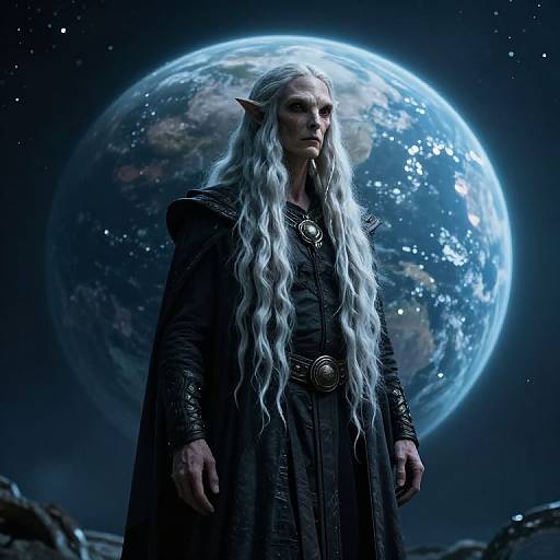 Digital artwork of a stern, long-haired, elven warrior with pointed ears, wearing a black leather cloak, standing before a glowing, detailed Earth in