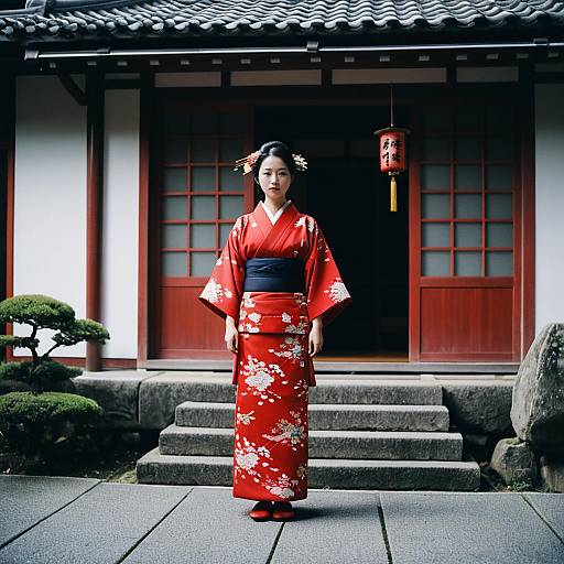 Woman in Red Traditional Kimono