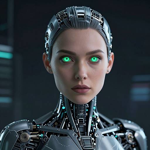 Photorealistic CGI of a cybernetic woman with glowing green eyes, sleek metallic head, and neck, set against a dark, futuristic background.
