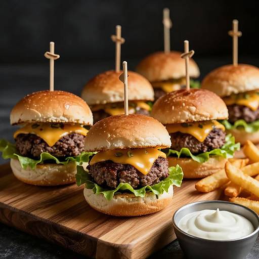 Photograph of five mini burgers on wooden skewers, with cheese, lettuce, on sesame buns, on a wooden board, with fries and a