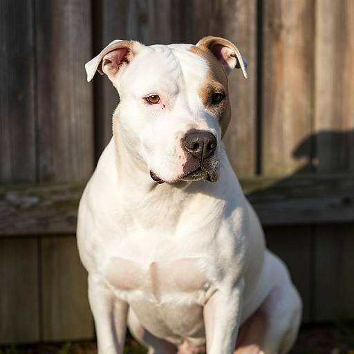 Calm White Pitbull by Rustic Fence