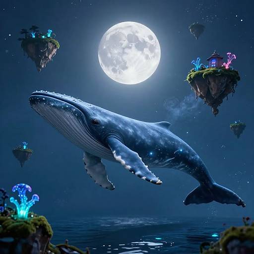 Digital artwork: A massive blue whale glides under a full moon, surrounded by floating islands with glowing plants and bioluminescent mushrooms in a dark