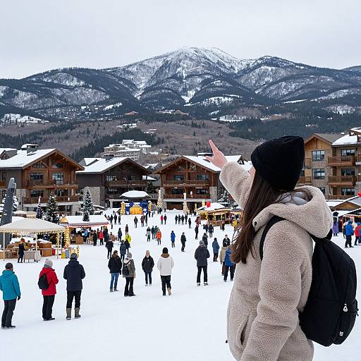 Photograph of a snowy mountain village; woman in beige hoodie and black beanie raises hand, facing crowd and wooden chalets.