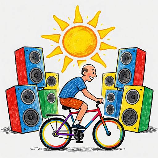 Colorful cartoon of a bald man in blue shirt and orange shorts riding a red bicycle between tall, colorful speakers under a bright sun.