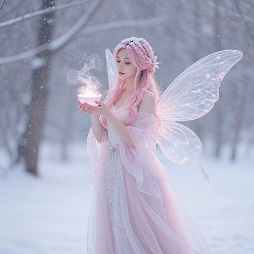 Photograph of a pink-haired fairy in a snowy forest, wearing a sheer, white, lace dress, and glowing translucent wings, gently holding a bright