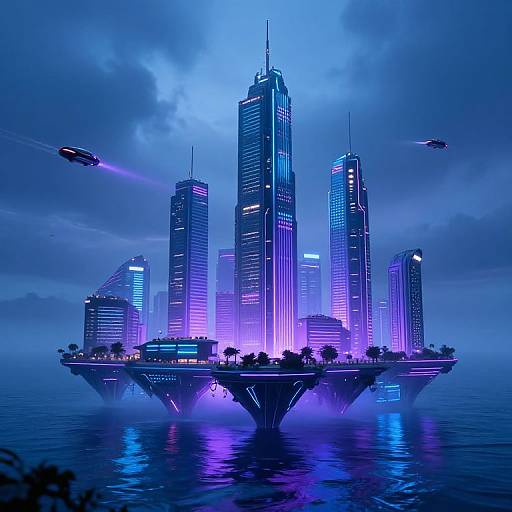 Digital artwork of a futuristic, neon-lit, floating cityscape with towering skyscrapers, glowing blue and purple lights, and flying drones against a