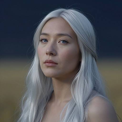 Photograph of a young woman with long, silver-white hair, light skin, and blue eyes, set against a dark blue and golden background.