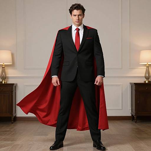 Photograph of a man in a black suit, white shirt, red tie, and red cape standing in a warmly lit room.