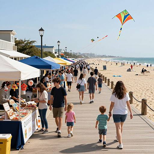 Photograph of a sunny beach boardwalk with colorful kite flyers, market stalls, diverse people, children, and sand in the background.