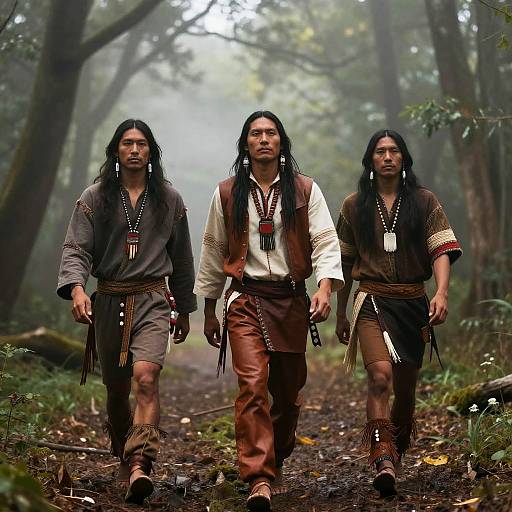 Native American Men Walking in Misty Woodland