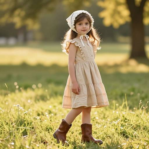 Photograph of a young girl with long brown hair, wearing a white flower crown, beige dress, and brown boots, standing in a sunlit grass
