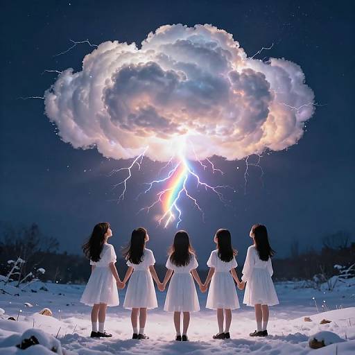Four girls in white dresses hold hands, facing a glowing storm cloud with lightning, under a dark, snowy night sky.