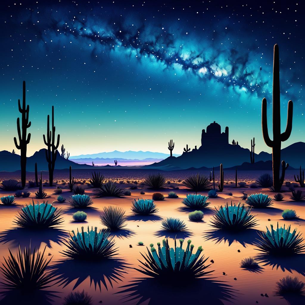 Surreal Desert Night with Cacti Silhouettes