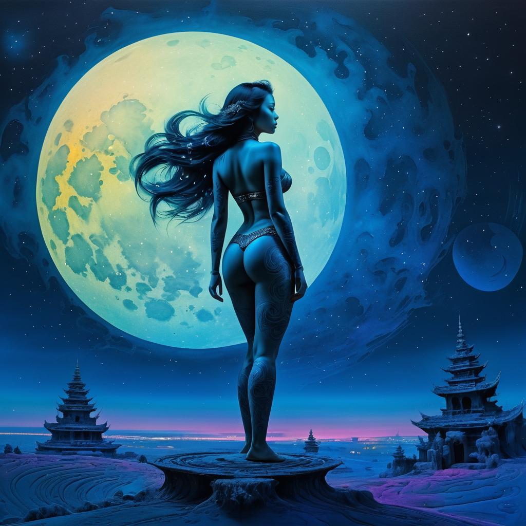 Surreal Tattooed Girl Under Moonlight