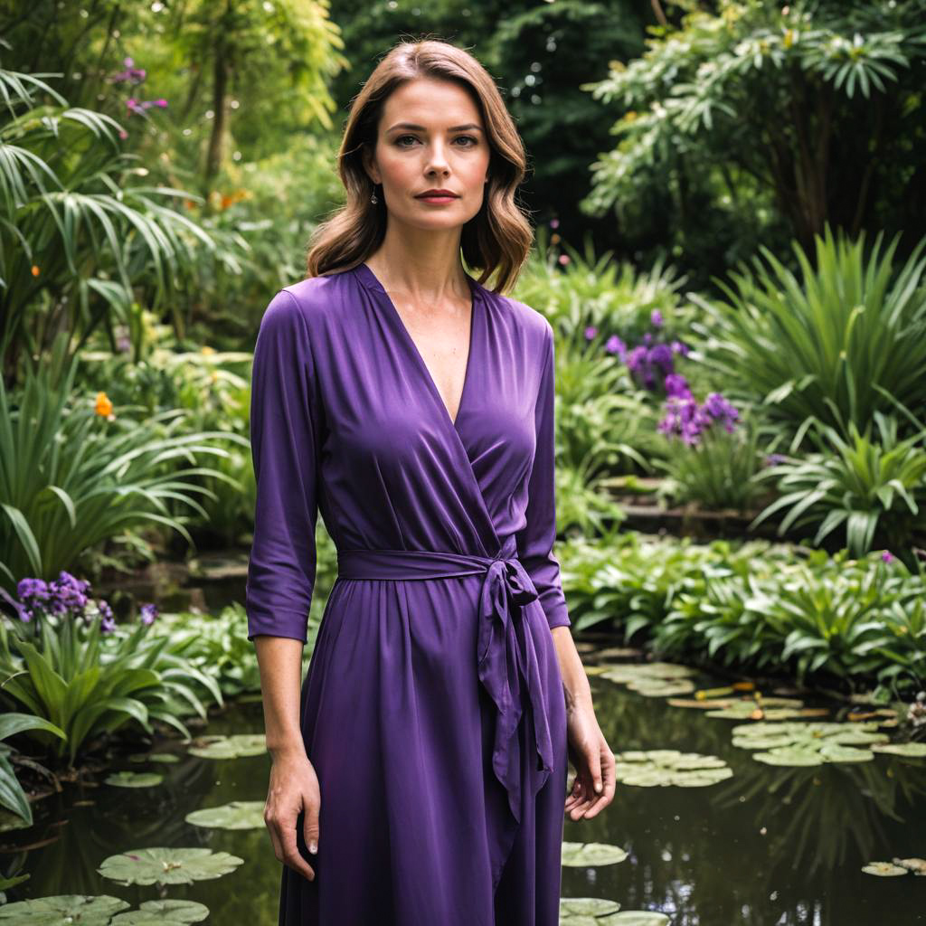 Elegant Woman in Violet Dress at Garden Pond