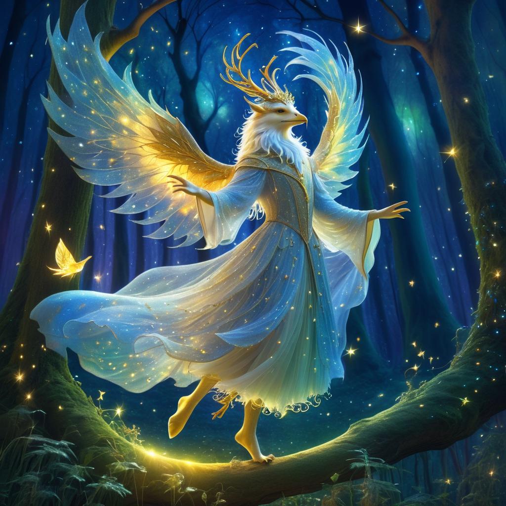 Ethereal Griffin Dance in Whimsical Forest