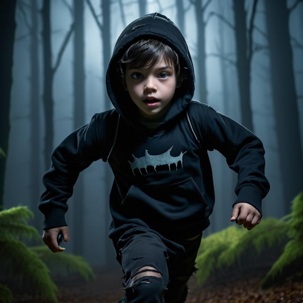 Terrified Boy Running Through Creepy Forest