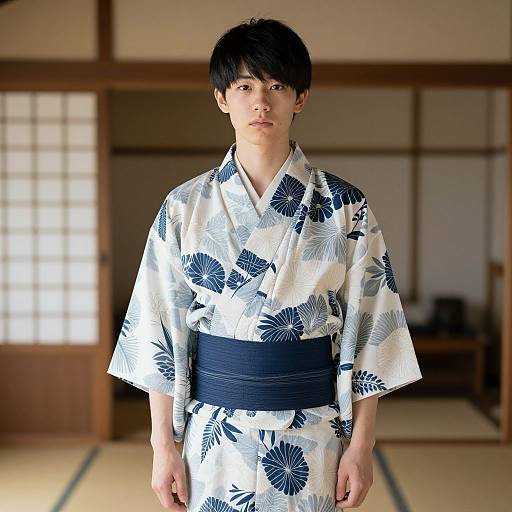 Photograph of a young Asian man with black hair, wearing a white yukata with blue floral patterns and a black obi, standing in a