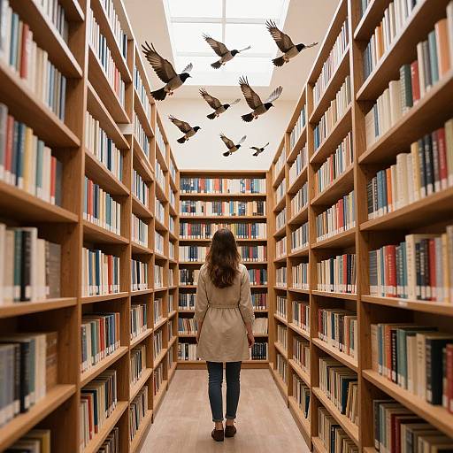 Photograph of a woman with long brown hair in a beige coat, standing in a narrow library aisle with wooden shelves full of books, surrounded by flying