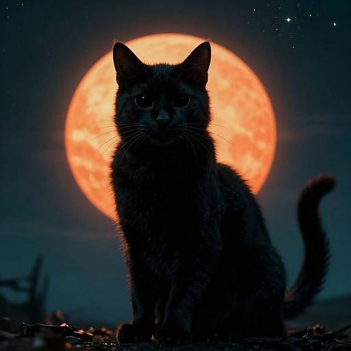 Silhouetted cat with glowing eyes stares at a large, bright orange full moon in a starry night sky. Photographic image.