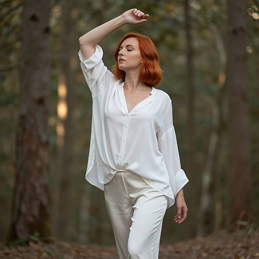 Photograph of a red-haired woman in white blouse and pants, gracefully posing with arm raised in a forest, soft light filtering through trees.
