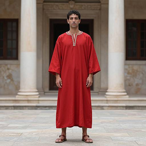 Photograph of a young man with curly black hair, wearing a long red tunic with white embroidery, brown sandals, standing in front of a classical