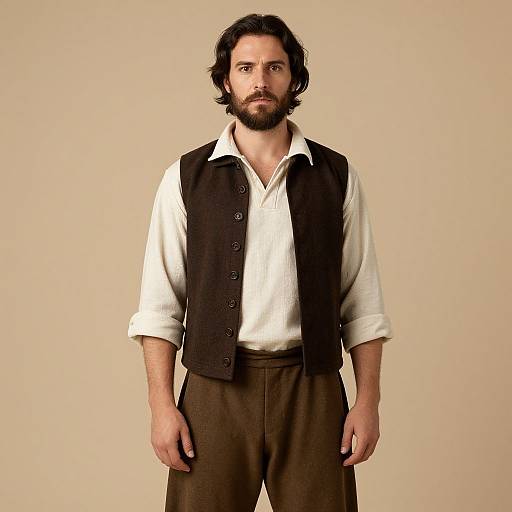 Photograph of a bearded man with curly brown hair, wearing a white shirt, black vest, and brown trousers, standing against a plain beige background