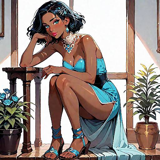 Stylish Dark-Skinned Woman in Blue Dress on Courtyard Steps