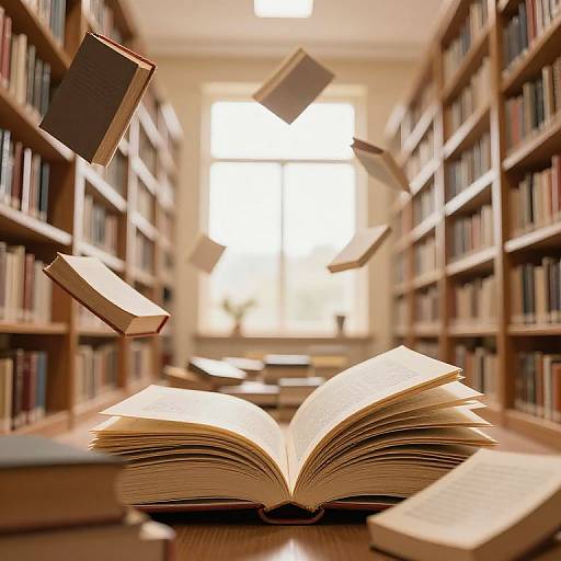 Photograph of a library aisle with books floating mid-air, centered on an open, large book on the floor. Sunlit window in background.