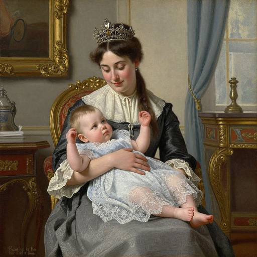 Photorealistic painting of a Victorian-era woman with a crown, in a black dress, cradling a baby in a white lace dress. Orn
