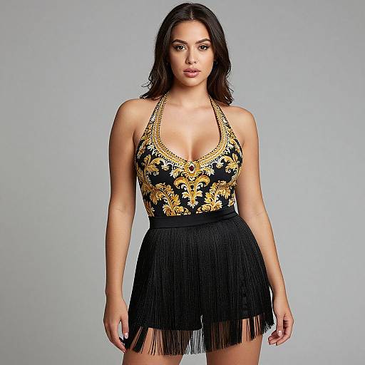 Photograph of a dark-haired woman with light skin wearing a black and gold floral halter top with a fringed black skirt.