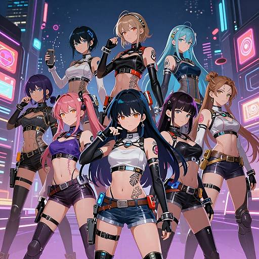 Digital anime artwork of seven female characters in a neon-lit city, wearing black crop tops, shorts, and thigh-high boots, holding guns, standing